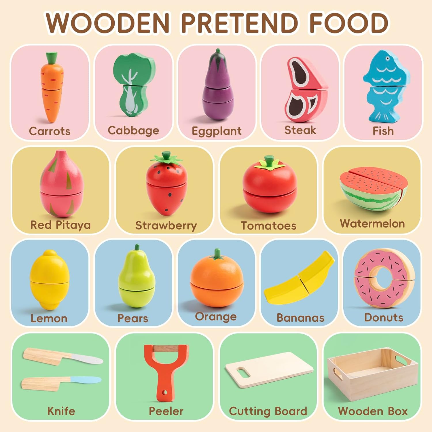 Wooden Play Food for Toddlers - 34Pcs Velcro Fruit and Veggies with Basket & Chopping Board, Play Food Sets for Kids