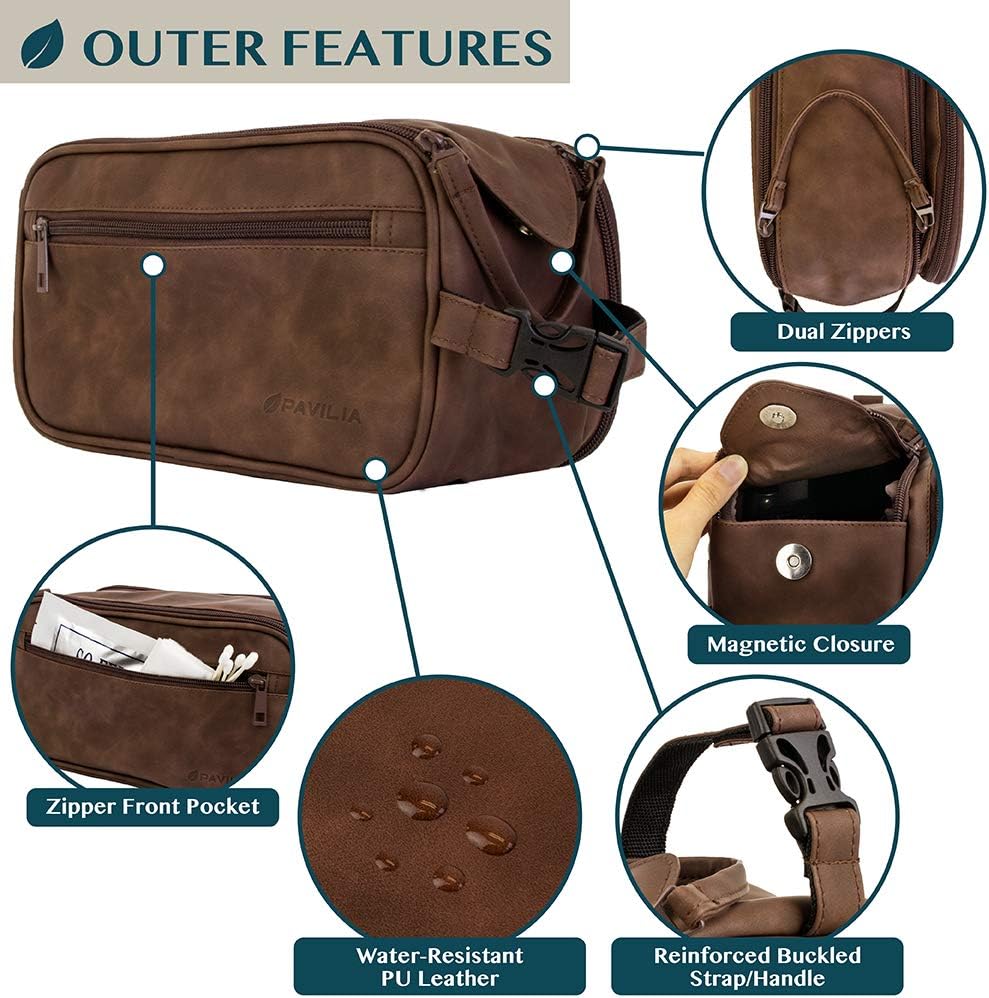 Toiletry Bag for Men, Travel Essentials Shaving Dopp Kit, Mens Travel Bag Toiletries Organizer Case for Grooming, PU