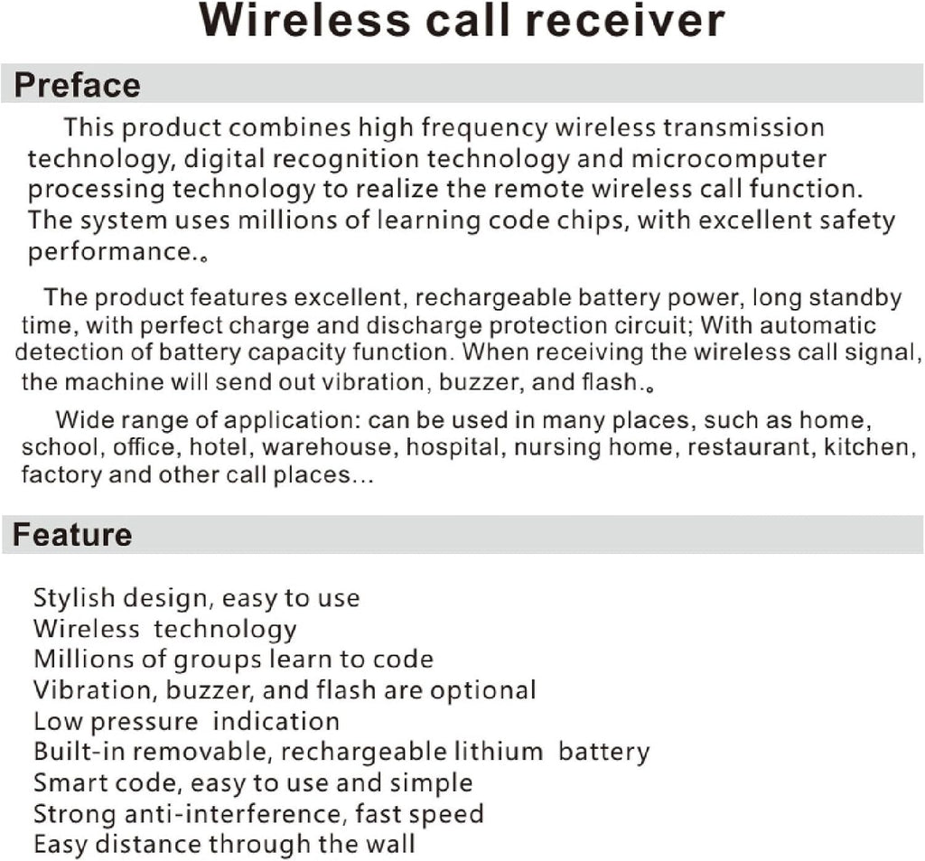 Wireless Calling System, 1 Watch Receiver and 1 Transmitter, Water Pager, 998 Channels, Rechargeable, Portable Call