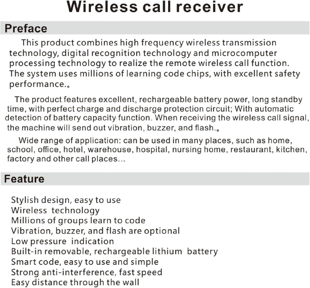 Wireless Calling System, 1 Watch Receiver and 1 Transmitter, Water Pager, 998 Channels, Rechargeable, Portable Call
