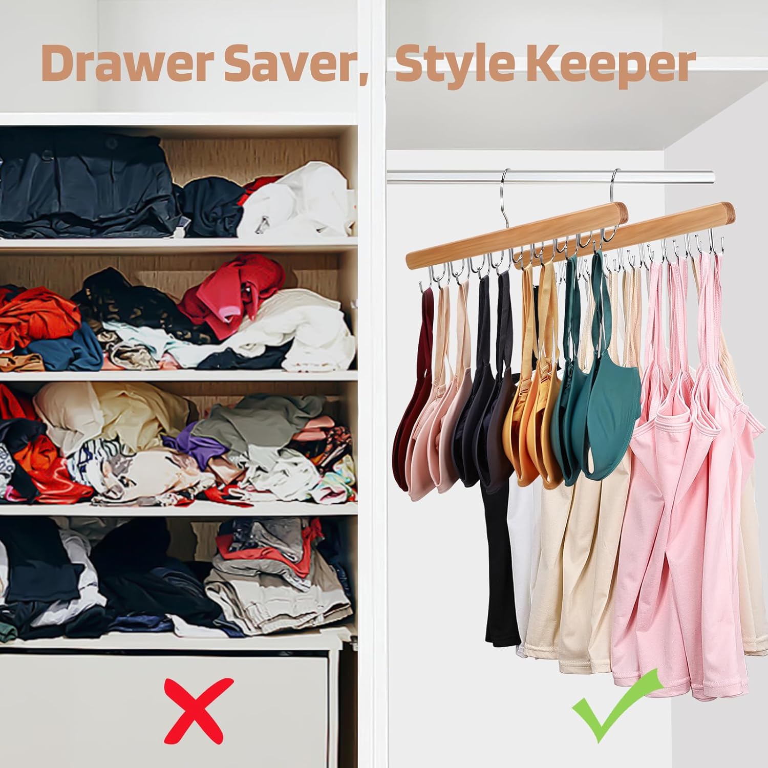 2 Pack Bra Hanger for Closet Organizer, Premium Wooden Tank Top Hangers with 36 Foldable Hooks, 360° Rotating Design