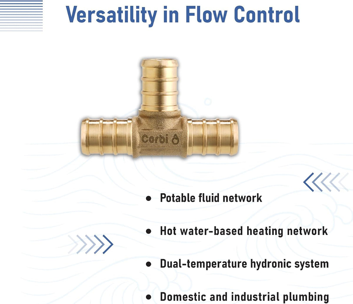 1/2 INCH PEX-B TEE Fittings (12-Pack), Lead-Free Brass, Compatible with Crimp & Clamp Rings for PEX A/B/C Tubing, NSF Certified, Corrosion Resistant Connectors for Water Lines & Radiant Heating