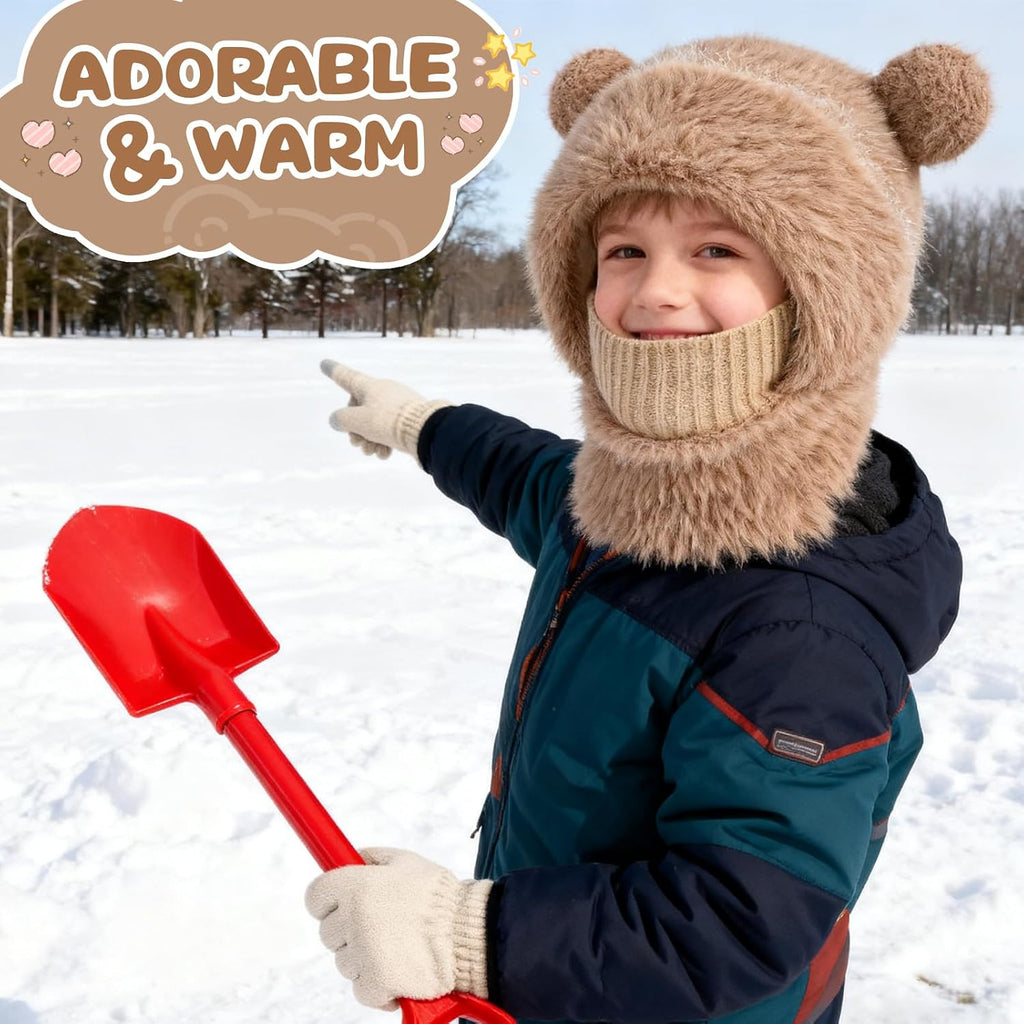 Kids Winter Hat Gloves Scarf Set- Kids Beanie Mask with Cute Bear Pom Warm Fleece- Neck Warmer Fleece Lined Set