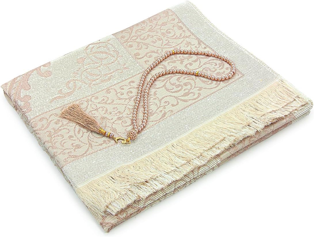 Muslim Prayer Rug with 99 Beads Tasbih & Travel Bag, Soft Taffeta Sajadah, Lightweight & Foldable Janamaz, Portable