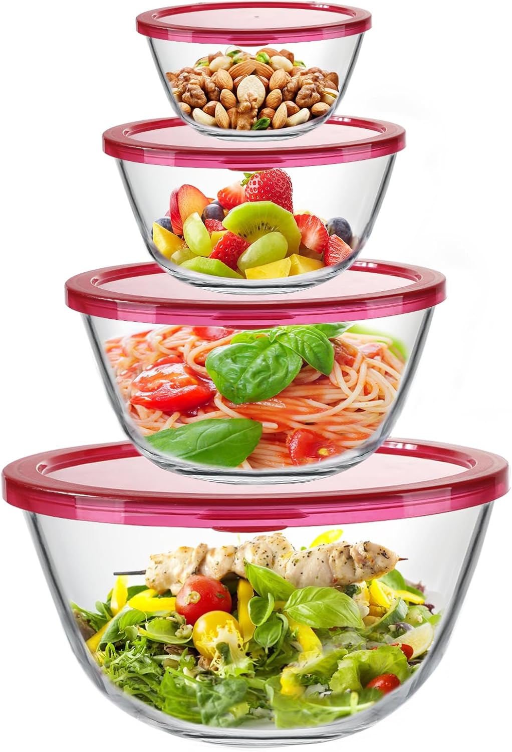 4 Pack Glass Mixing Bowls Set with Lids (4.8QT, 2.9QT, 1.7QT, 0.8QT), Glass Nesting Bowls for Kitchen Baking, Cooking