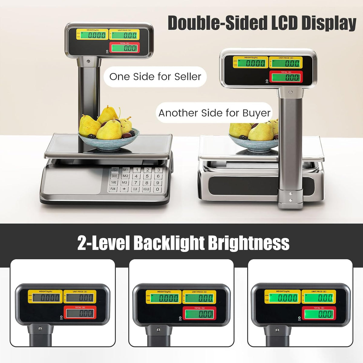 Price Computing Scale with Pole Display, 88 lb Commercial Food Scale with Stainless Steel Platform, Rechargeable