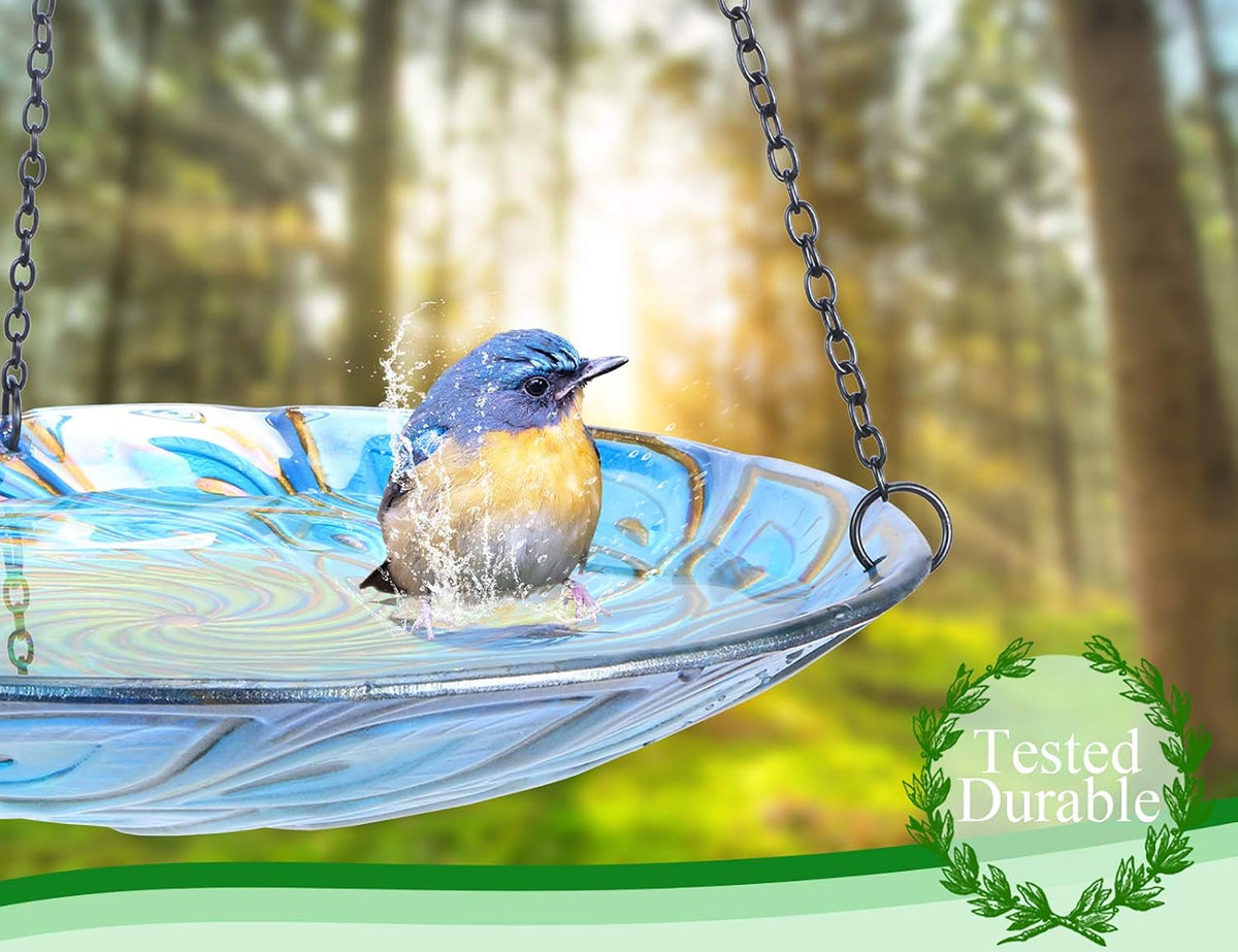Hanging Glass Bird Bath Peacock Outdoor Birdfeeder Garden Yard Decor