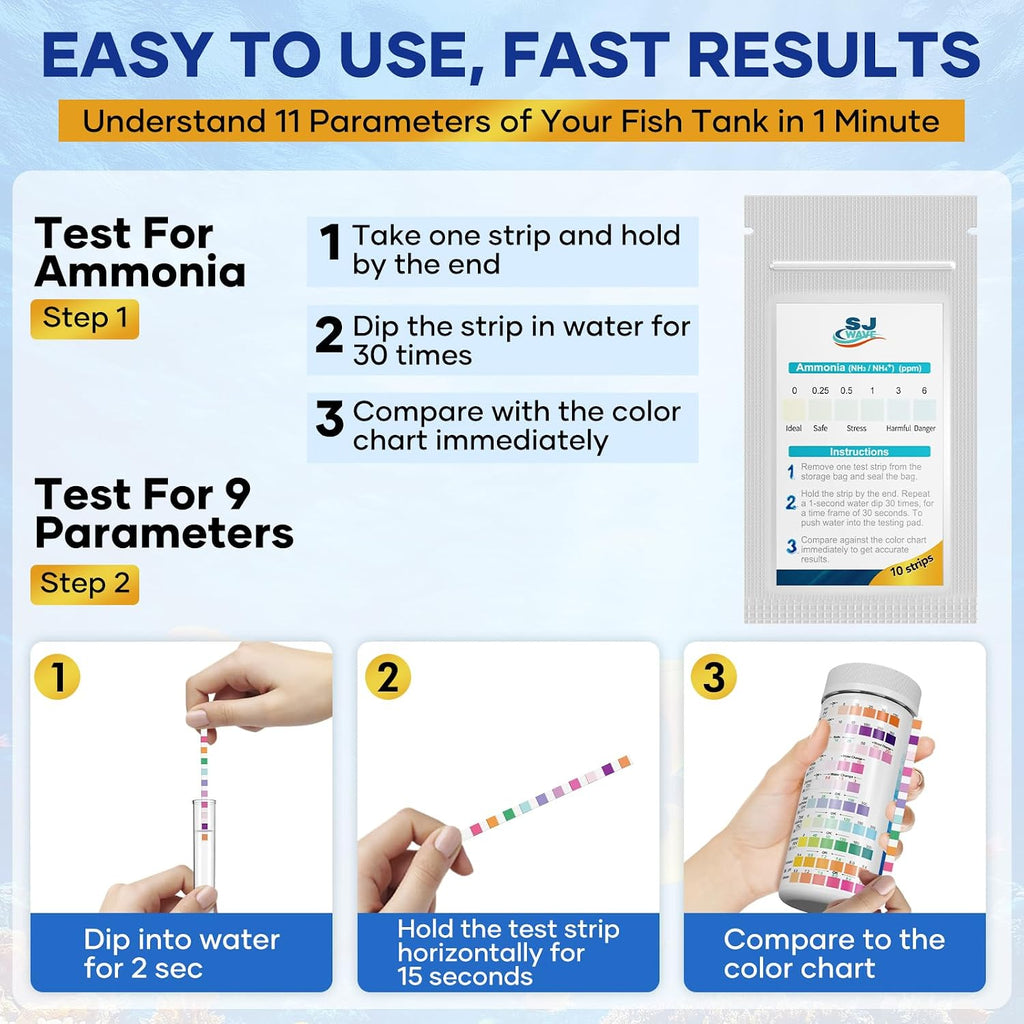 11 in 1 - Aquarium Test Strips | 950 Tests - 150 Strips | Fish Tank Aquariums Water Test Kit & ebook | Aquarium