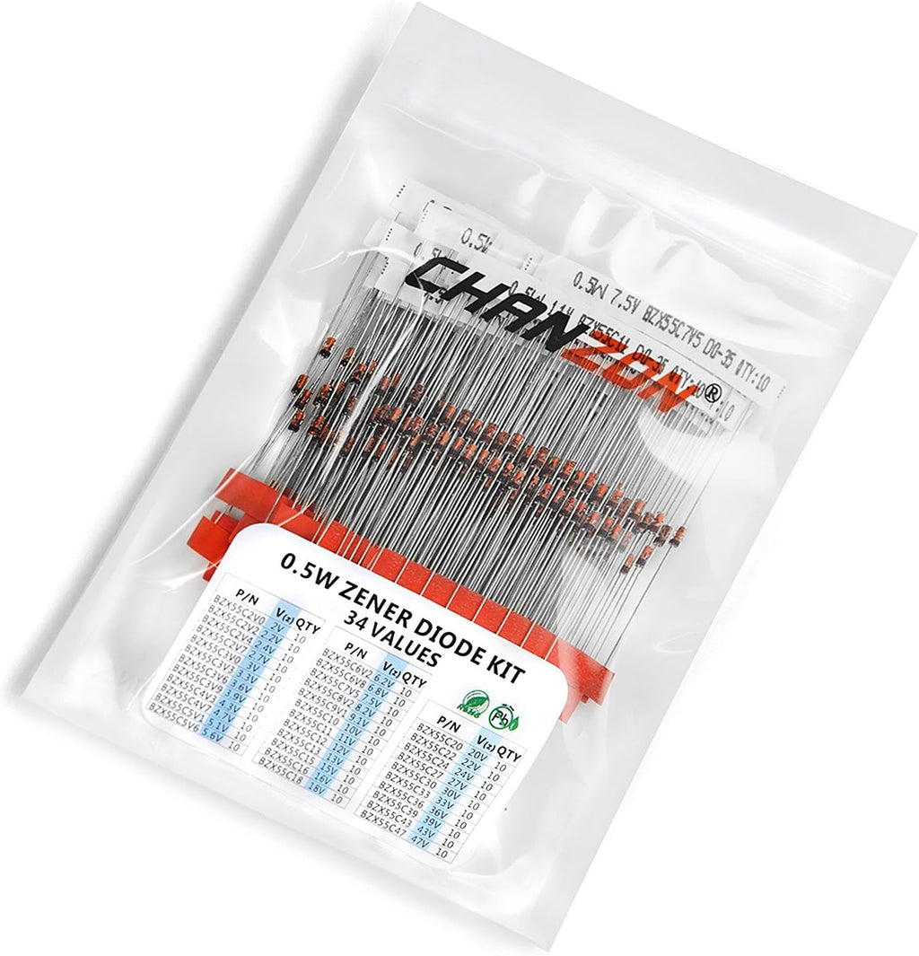Chanzon 34 Values 340pcs 0.5W Zener Diode Assorted Kit (2V-47V)