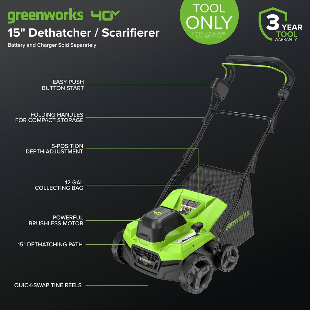 40V 15 inch Dethatcher/Scarifier, Tool Only