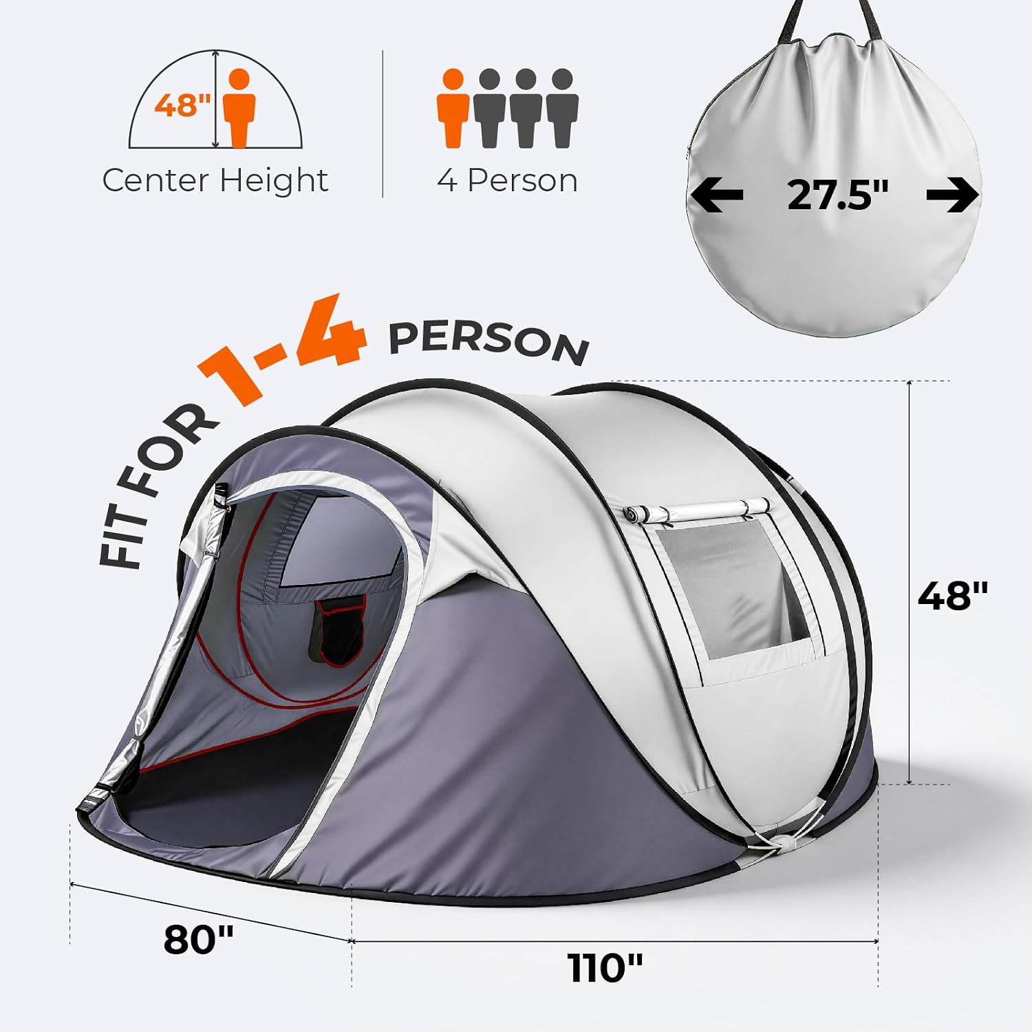 4 Person Instant Pop Up Camping Tent,Waterproof Automatic Setup with 2 Doors,Vestibule & Porch,Large Family Tent for