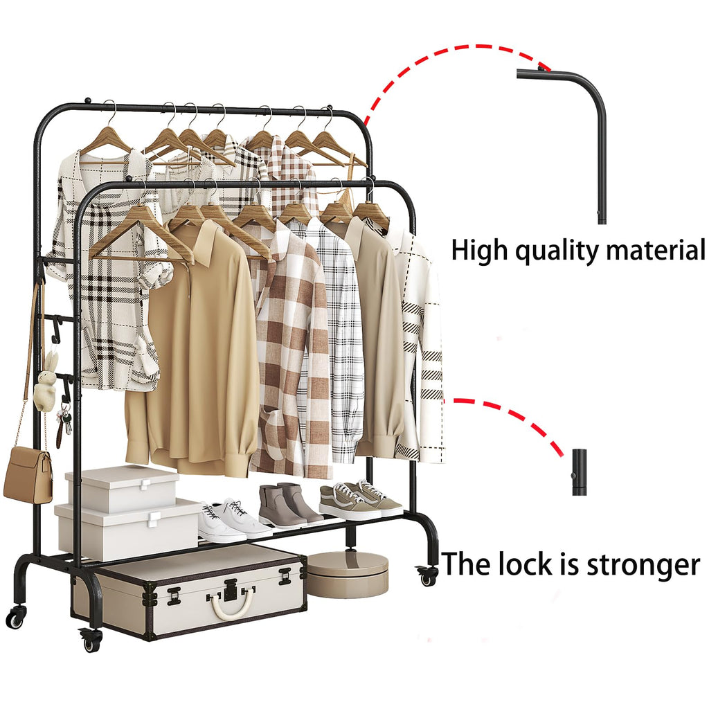 Clothes Rack with Lockable Wheels Double Rods Metal Garment Racks