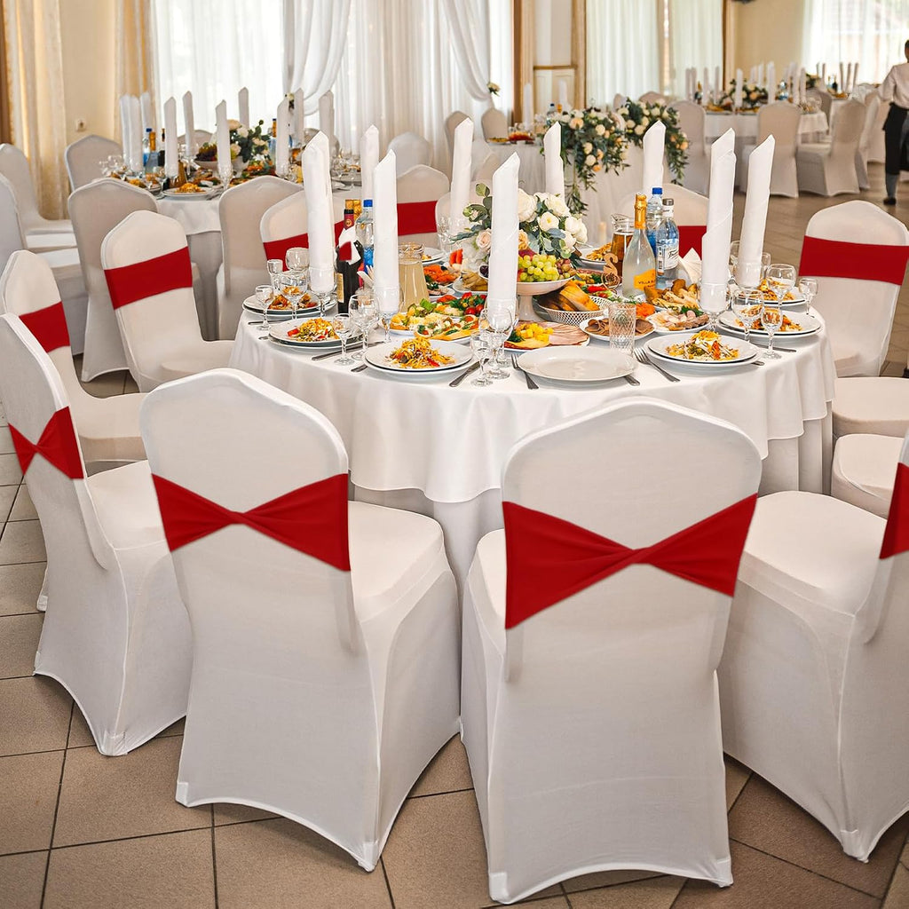 50 Pcs Red Chair Sashes, Bows Chair Bands, Elastic Chair Cover Bands Ties Universal Slider Sashes for Chair Without