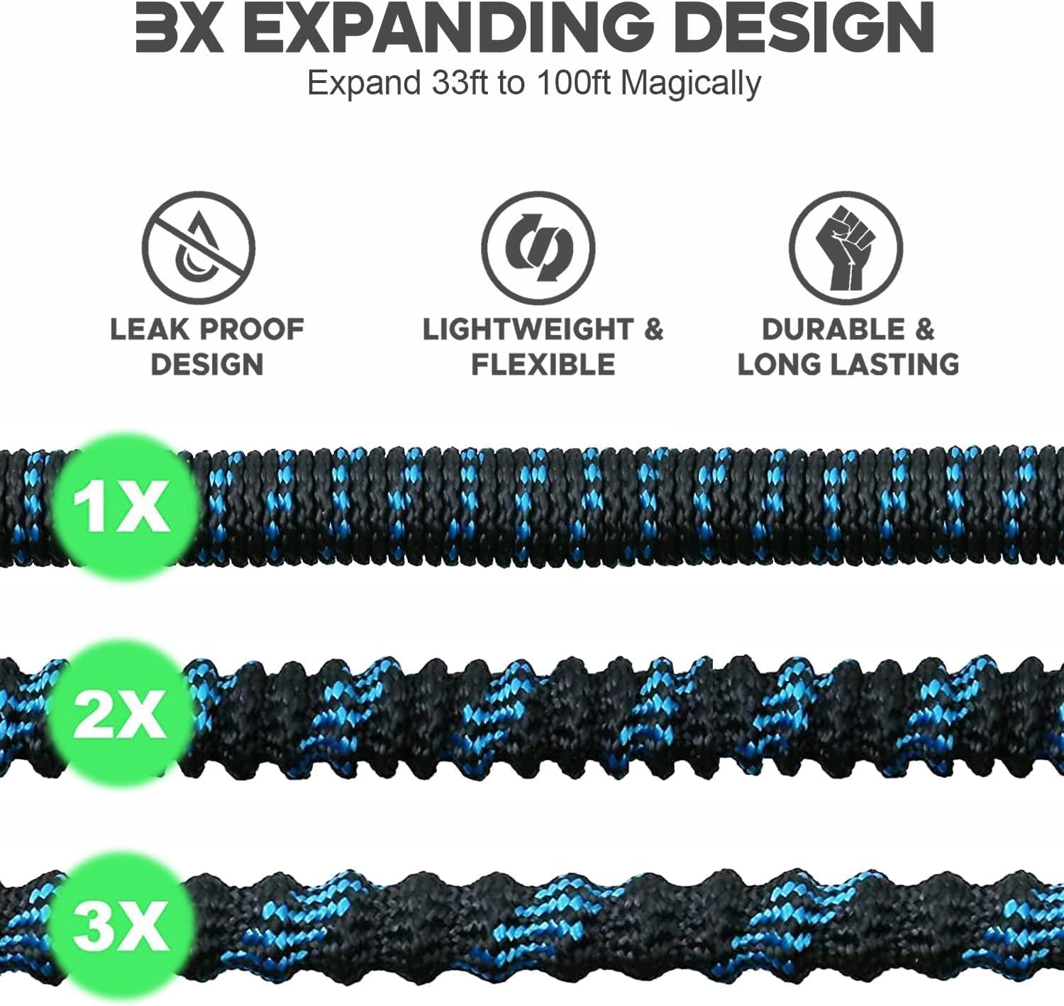 100 ft Expandable Garden Hose - Kink Free Flexible Water Hose with Thumb-Controlled 10-Function Nozzle, 3/4 Solid