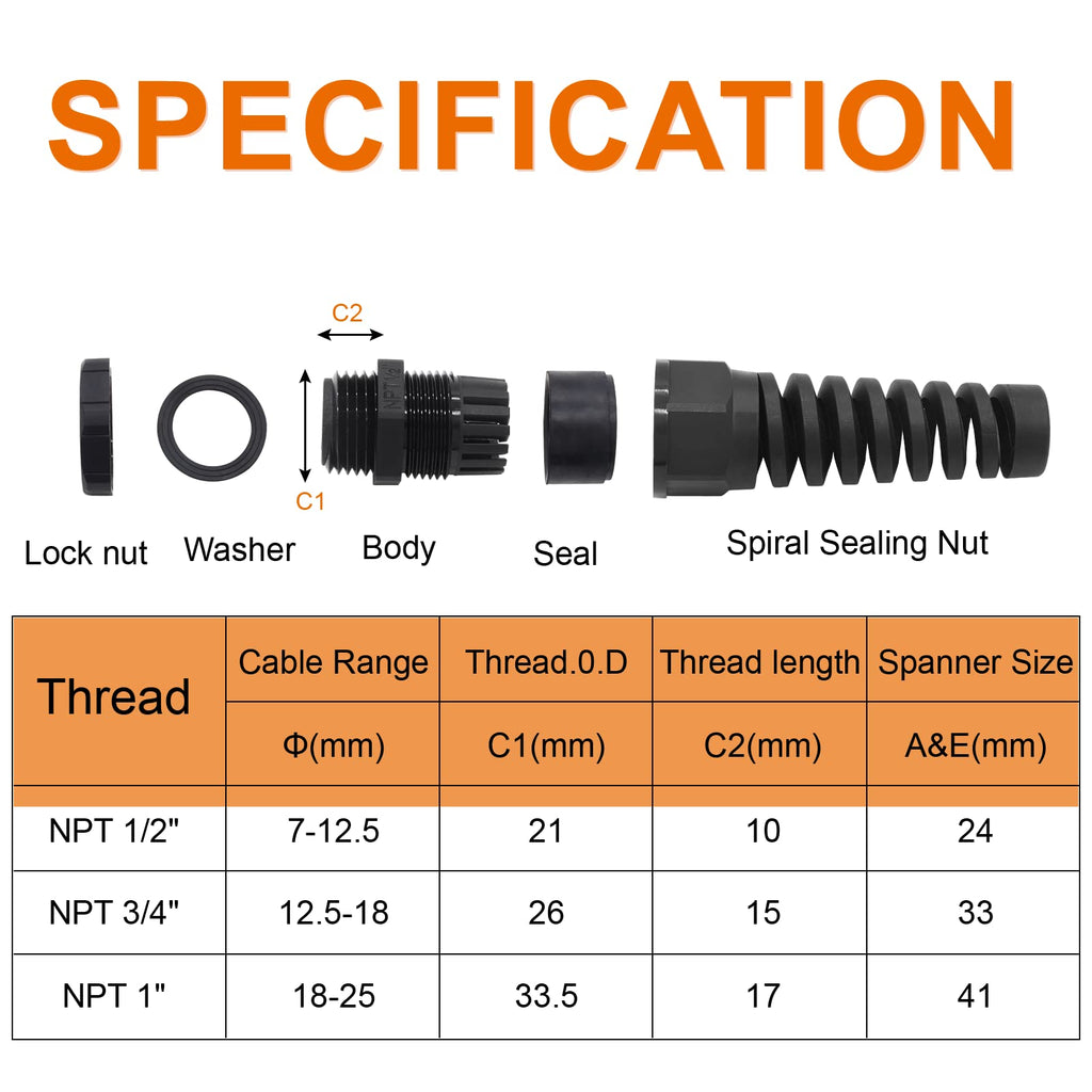 LifCratms 2Pcs NPT 1/2" Black Cable Gland, 7-12mm Cable Range