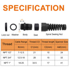 LifCratms 2Pcs NPT 1/2" Black Cable Gland, 7-12mm Cable Range