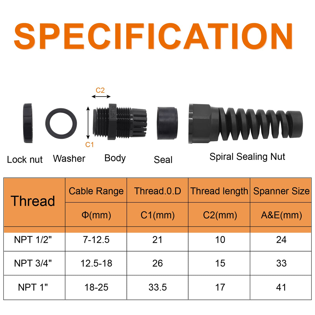 LifCratms 2Pcs NPT 1/2" Black Cable Gland, 7-12mm Cable Range