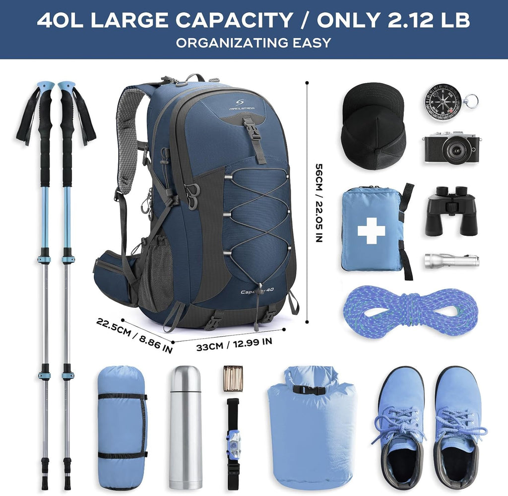 40L Hiking Backpack, Lightweight Camping Daypack with Rain Cover | Water-Resistant Rip-Stop Nylon, Wet/Dry