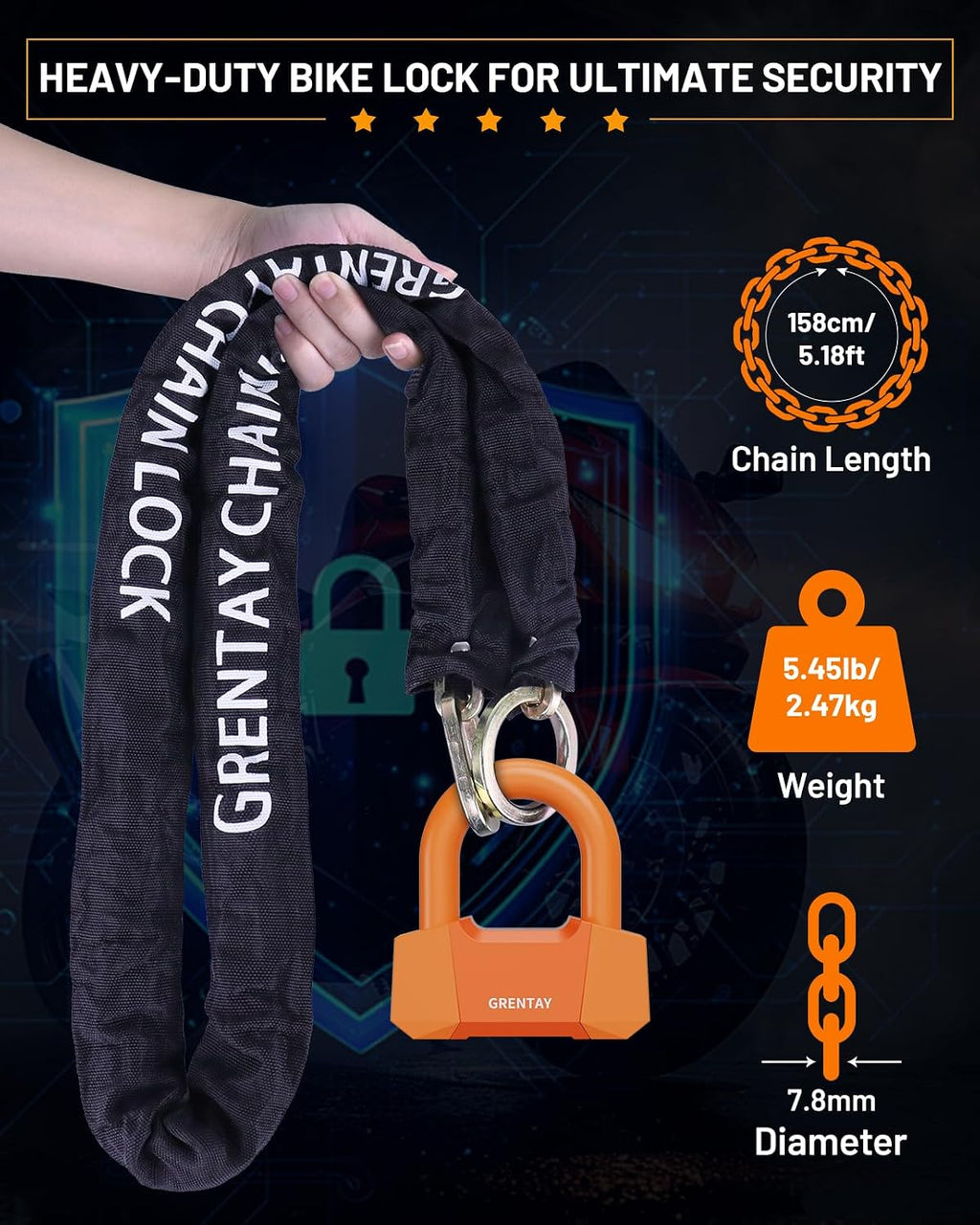 Bike Chain Lock 5.18Feet 3T Steel Chain Lock Anti Theft, Premium U-Lock 17.5mm Thick Heavy-Duty Chain Bike Lock [3