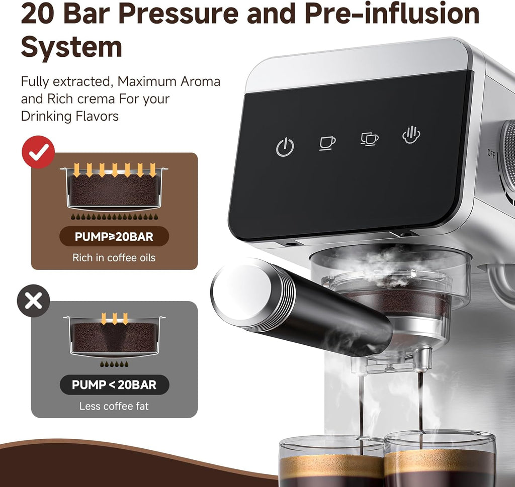 Espresso Machine 20 Bar, Compact Coffee Maker with LED Touch Screen & Milk Frother, Brushed Stainless Steel Housing