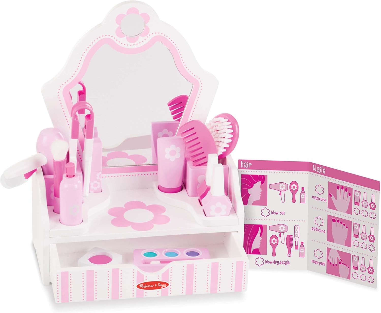 Melissa & Doug Wooden Beauty Salon Play Set, 18-Piece Vanity with Pretend Play Toys, Makeup, Mirror, Accessories &