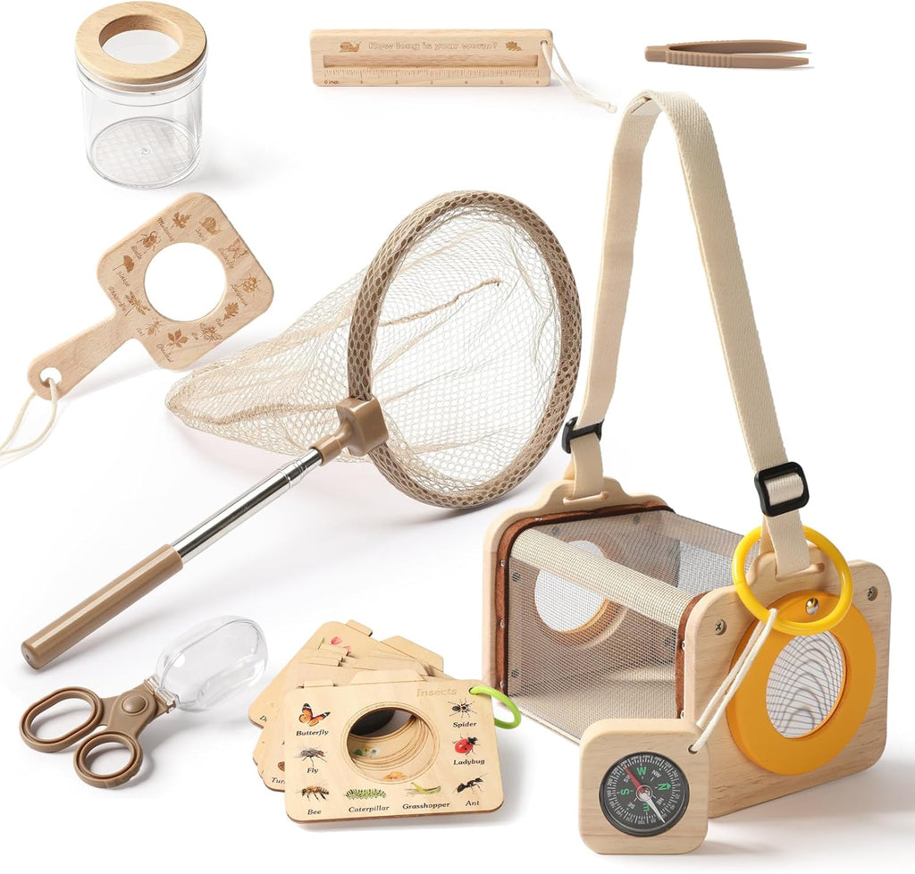 Wooden Bug Catcher Kit for Kids 3-8, 10PCS Durable Outdoor Explorer Kit with Magnifying Glass, Butterfly Net & STEM