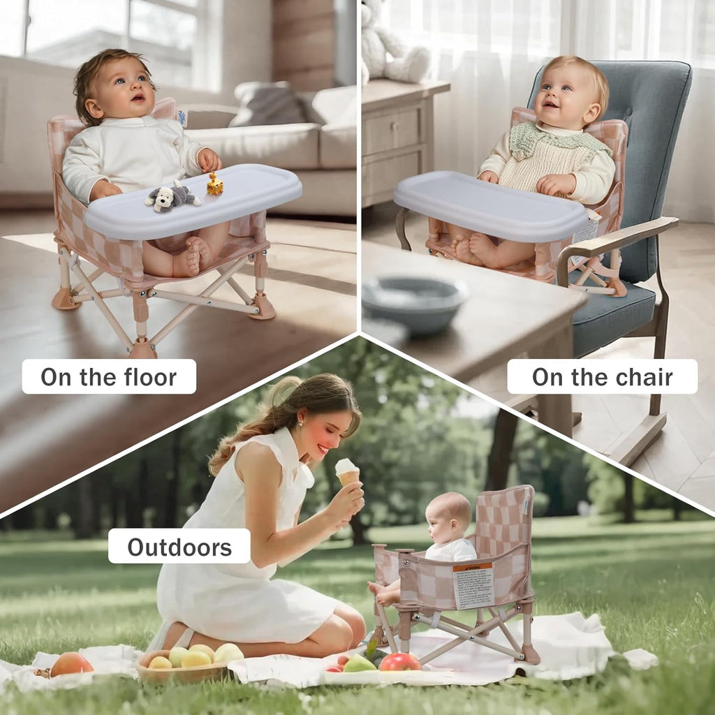 3-in-1 Portable Baby Chair, Foldable Booster Seat with Removable Tray, Safety Harness & Carry Bag for Dining, Travel
