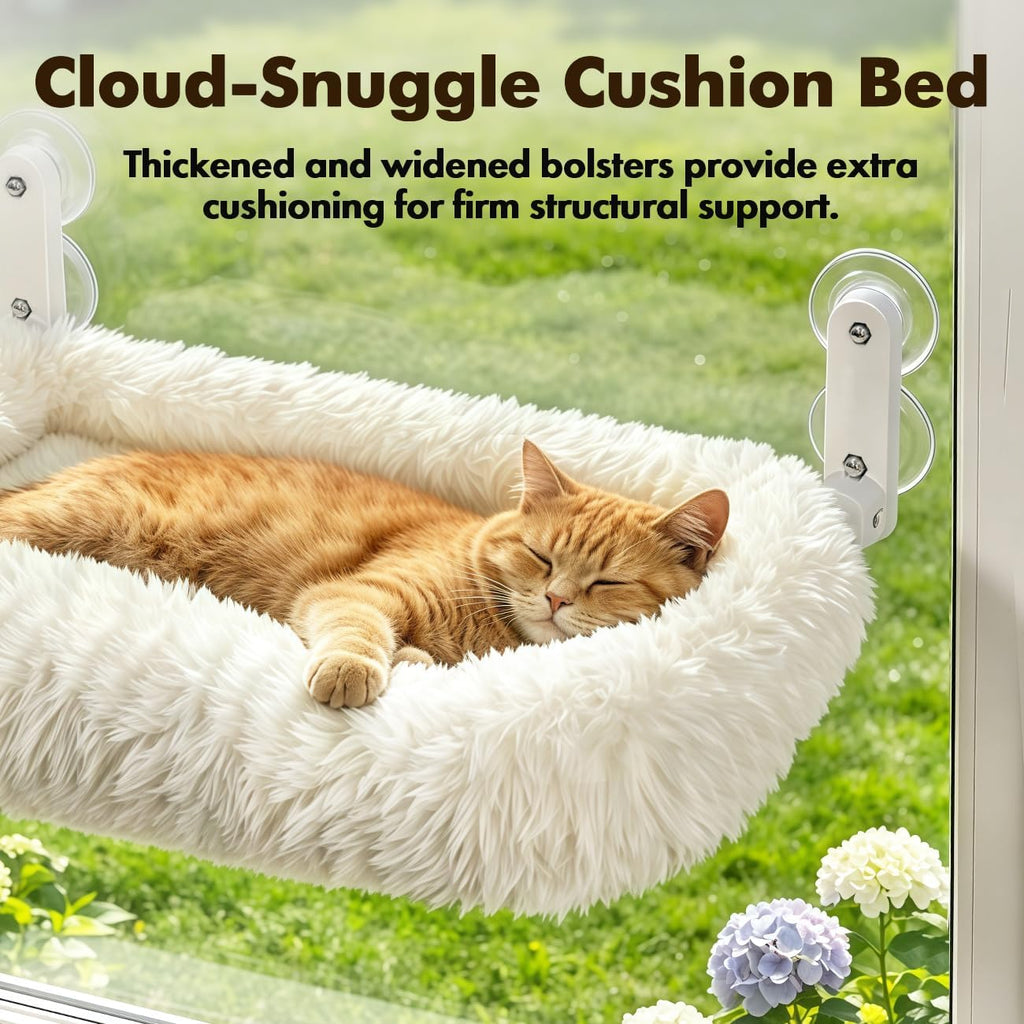 Cloud-Snuggle Cat Window Perch with 4-Sided Ultra-Thick & Fluffy Plush Cushion Bed, Foldable Cordless Cat Window