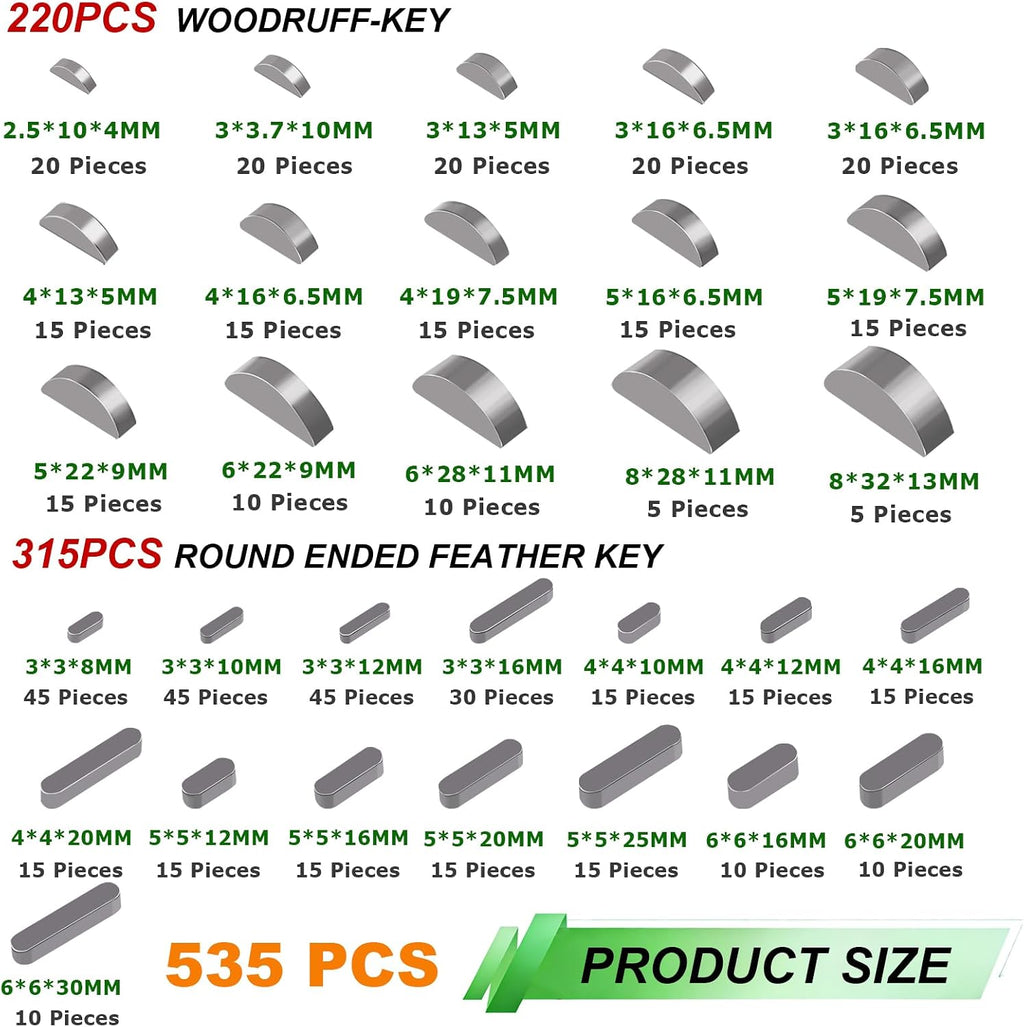 535PCS Metric Woodruff Key Assortment Kit With 30 Sizes