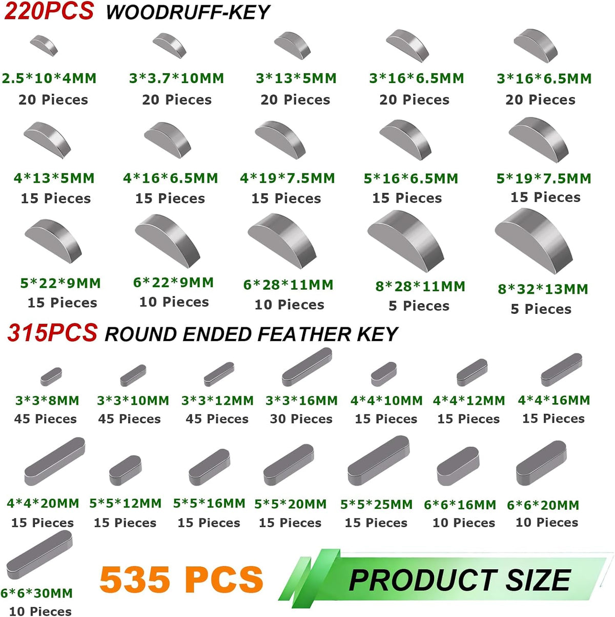 535PCS Metric Woodruff Key Assortment Kit With 30 Sizes