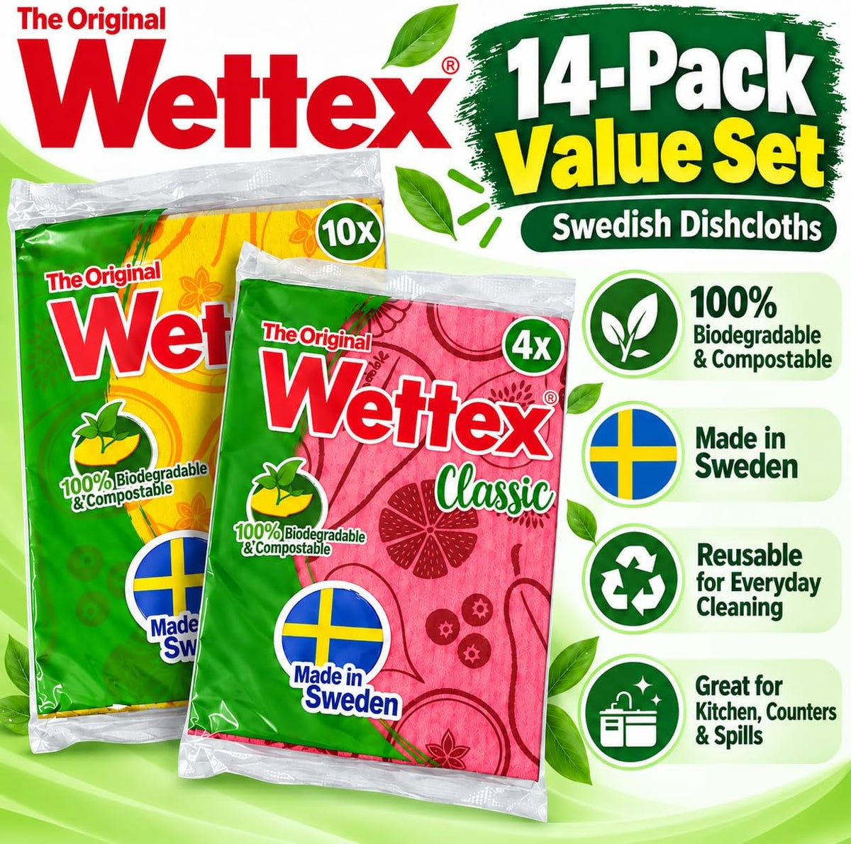 The Original 14 Pack Swedish Dishcloth for Kitchen - Eco Friendly Reusable Paper Towels - Assorted Dish Cloths for