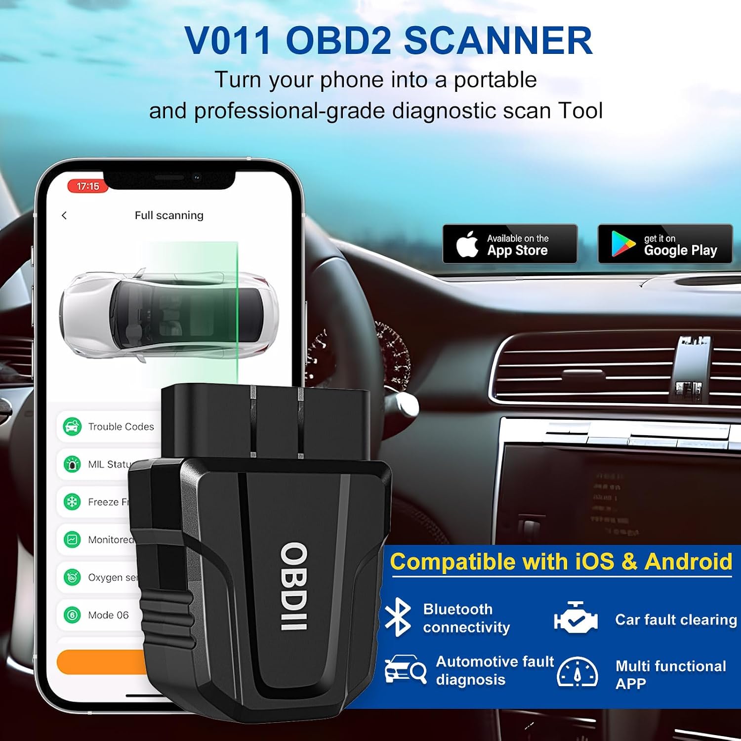 OBD2 Scanner Bluetooth 5.4 for iOS and Android, Live Data, Code Reader | Check Engine Light Reset, Live Data &