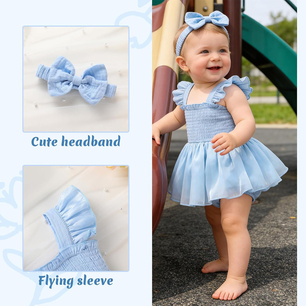 Baby Girl Tulle Romper Dress Infant Sleeveless Ruffle Bodysuit Tutu Skirt Toddler Summer Clothes with Headband