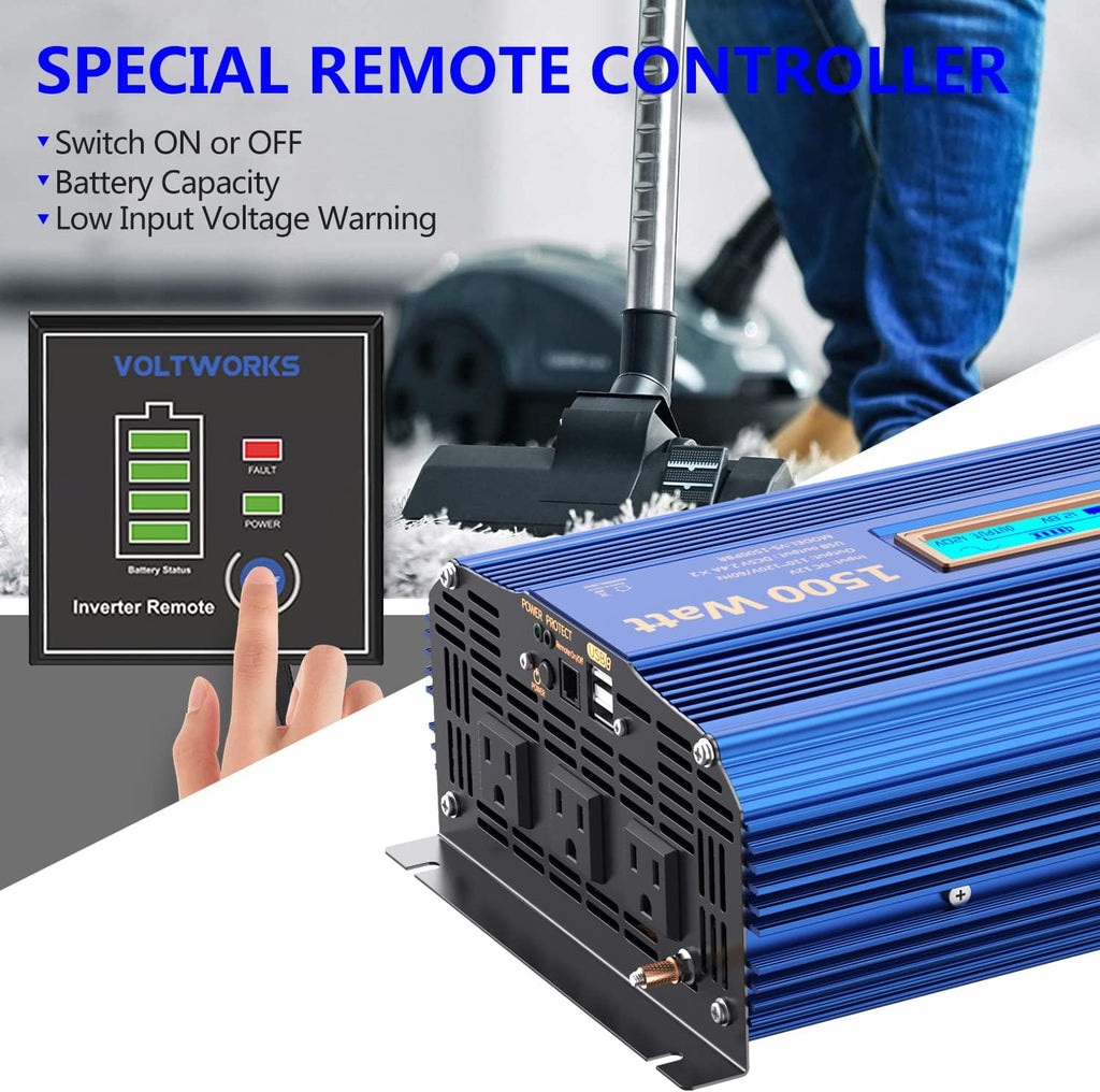 1500Watt Pure Sine Wave Inverter 12V DC to 110V 120V AC Power Inverter | Remote Control LCD Display and 2x2.4A USB
