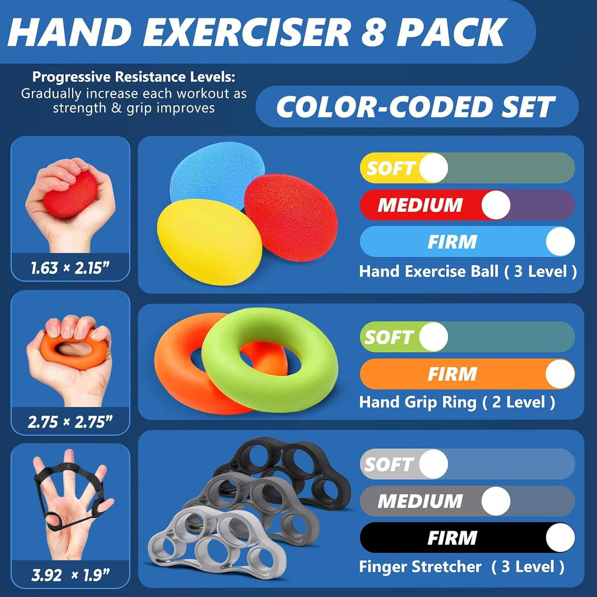 Grip Strength Trainer (8 Pack), Complete Hand Strengthening Devices
