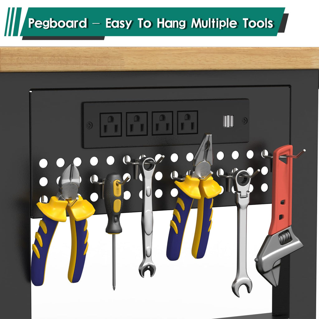 Adjustable Heavy Duty Workbench with Wheels，Rubber Wood Top Working Table, 2500 LBS Load Capacity with for Workshop