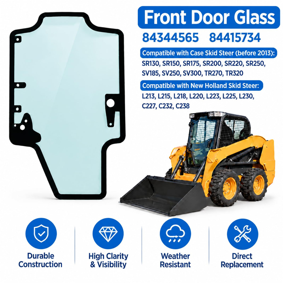 HIKIBEX Front Door Glass 84344565 84415734 Compatible with Case Skid Steer