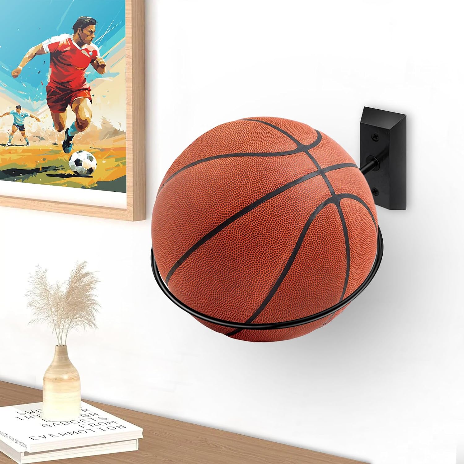 Basketball Holder Wall Mount, 7 Inch Wall Mount Ball Holder with Black Walnut Solid Wood Base & Metal Ring, Sports