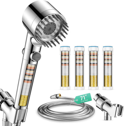 Filtered Shower Head with Handheld 4PCS Filters ShowerHead | 4 Spray, High Pressure Shower Heads with ON/OFF Button