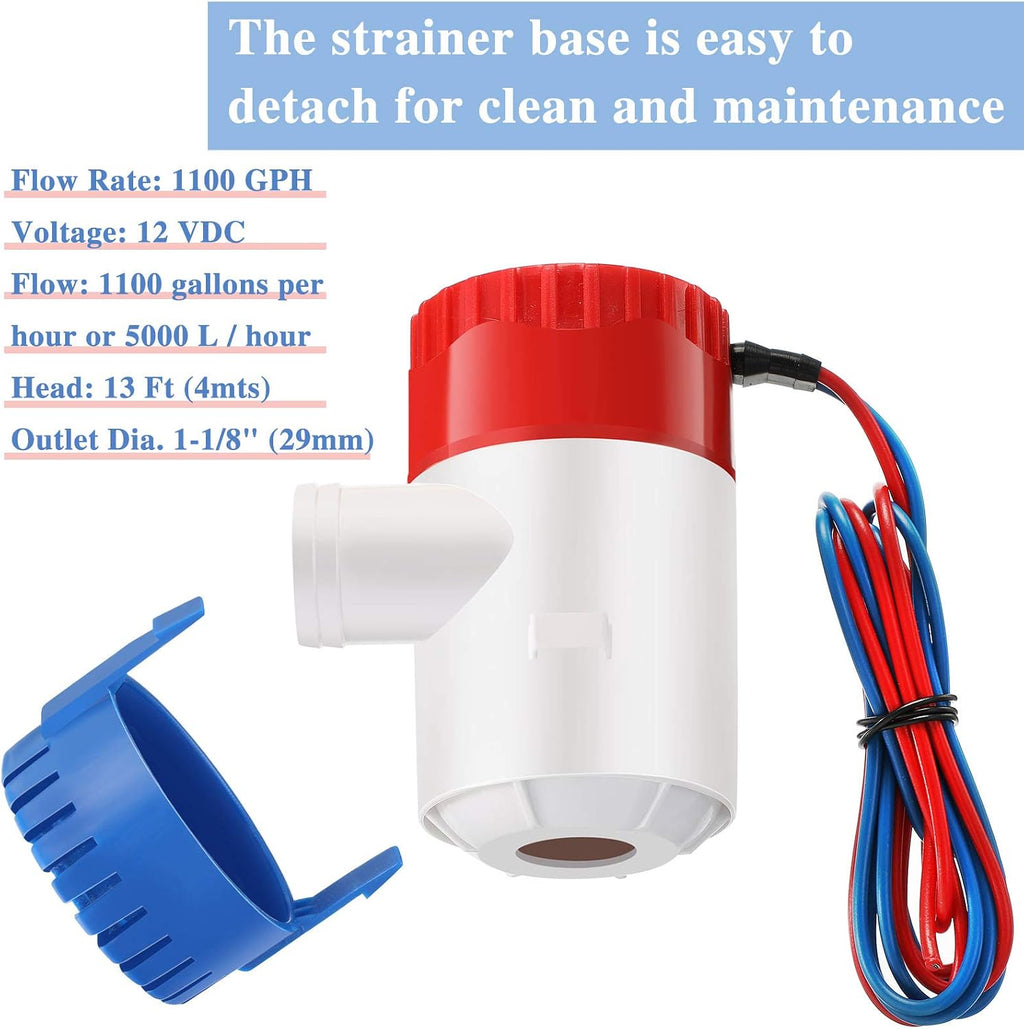 Boat Bilge Water Pump12V 1100 GPH with Float Switch for Boats, 2 Pieces