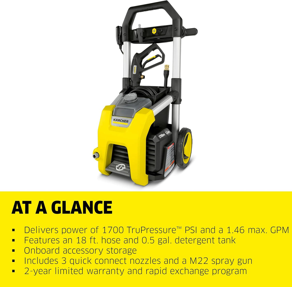 Pressure Washer K1700, CETA Certified, 3 Spray Nozzles, Detergent Tank, for Cars, Driveways, Siding, Patios, 1.2 max.