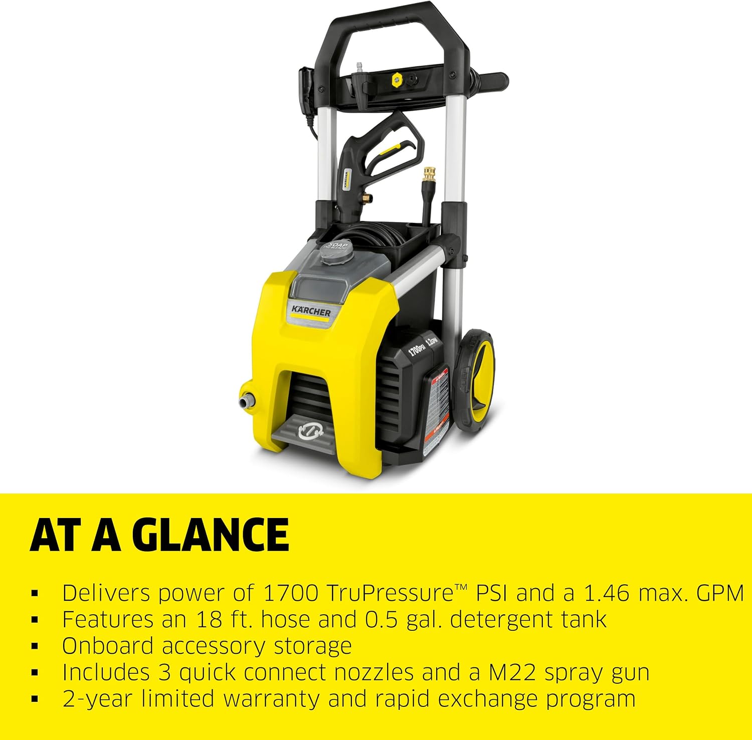 Pressure Washer K1700, CETA Certified, 3 Spray Nozzles, Detergent Tank, for Cars, Driveways, Siding, Patios, 1.2 max.