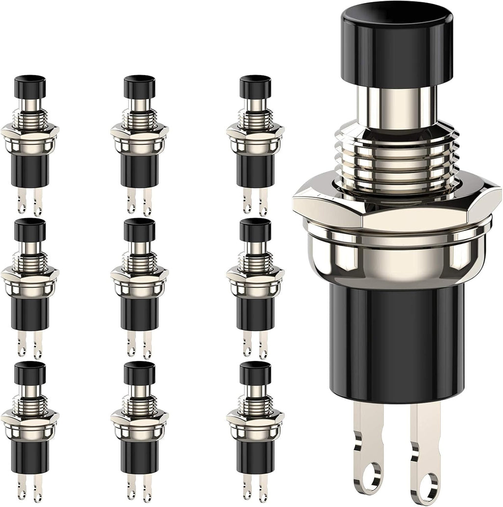 Momentary Push Button Switch, 1A 250VAC SPST Mini Pushbutton Switches Normal Closed (NC) Black Cap - 10pcs