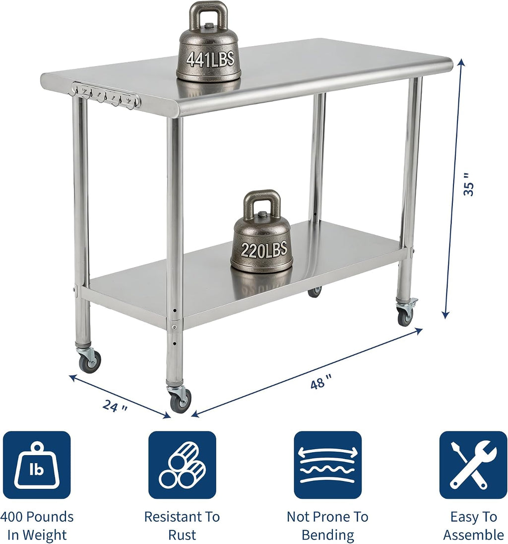 Stainless Steel Prep Table 48"x24"x35" Rolling Work Table BBQ