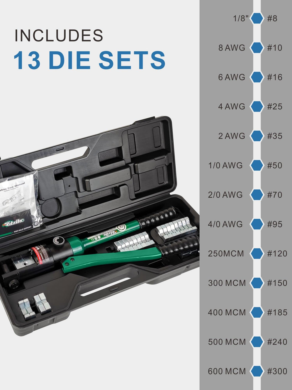 UTZIKO 16-Ton Hydraulic Cable Lug Crimper 9 AWG-600 MCM 13 Dies