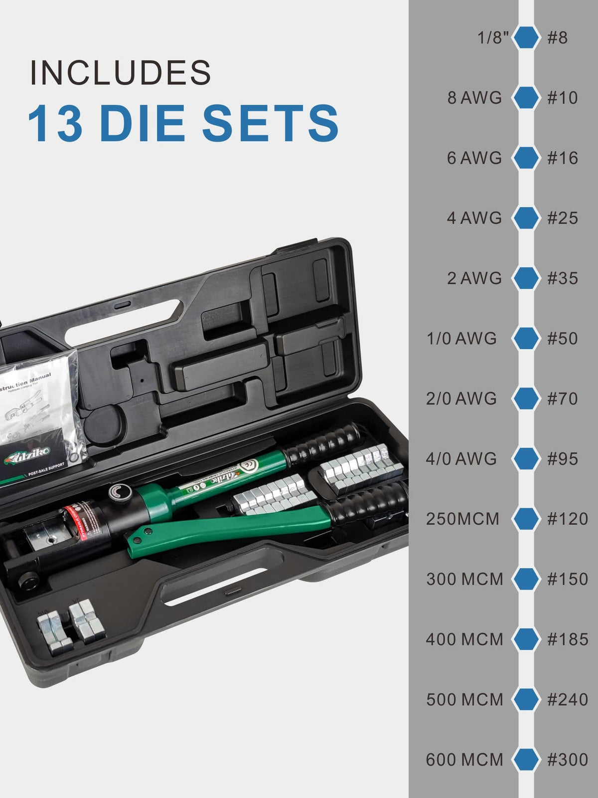 UTZIKO 16-Ton Hydraulic Cable Lug Crimper 9 AWG-600 MCM 13 Dies