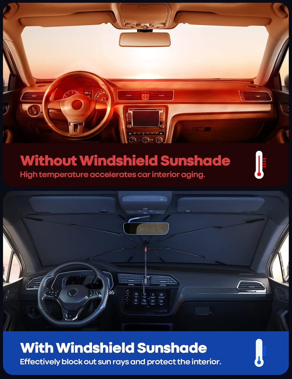 Car Windshield Sunshade Umbrella - Foldable Car Windshield Sun Shade Cover, 5 Layers UV Block Coating, 52"x31" Front