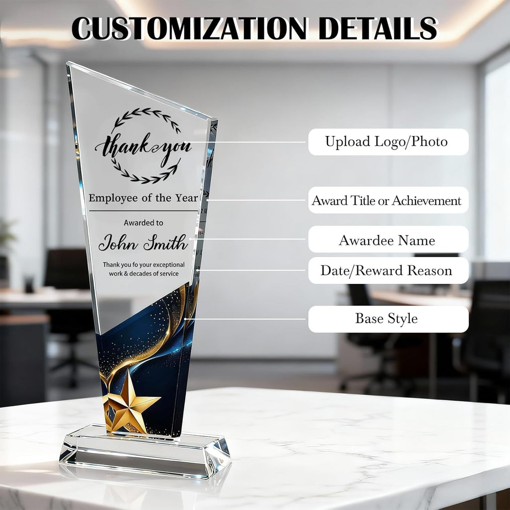 Personalized Crystal Trophy Award - Custom Plaque Award with Text Logo Photo - Awards and Trophies for Farewell