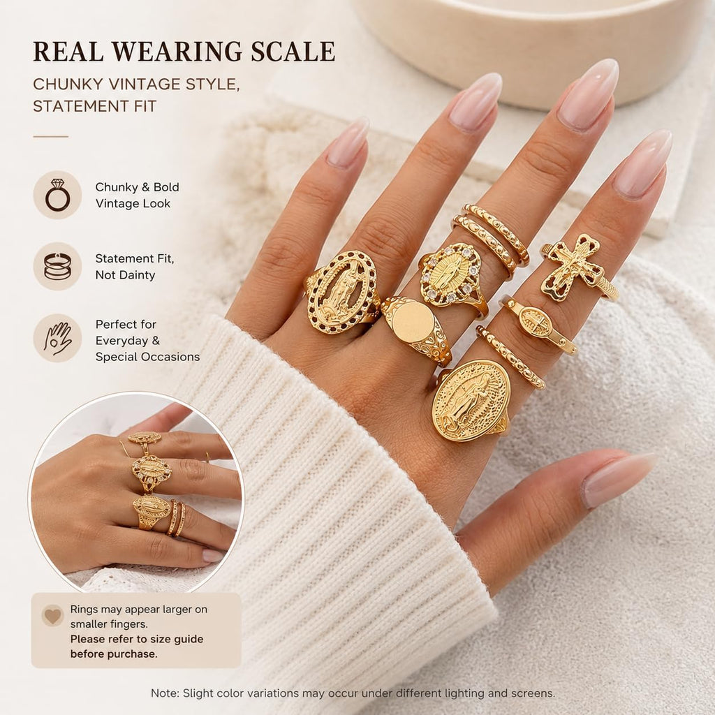 Vintage Gold Virgin Mary Cross Rings Set for Women,Chunky Stackable Boho Knuckle Rings Pack Retro Jewelry Accessories