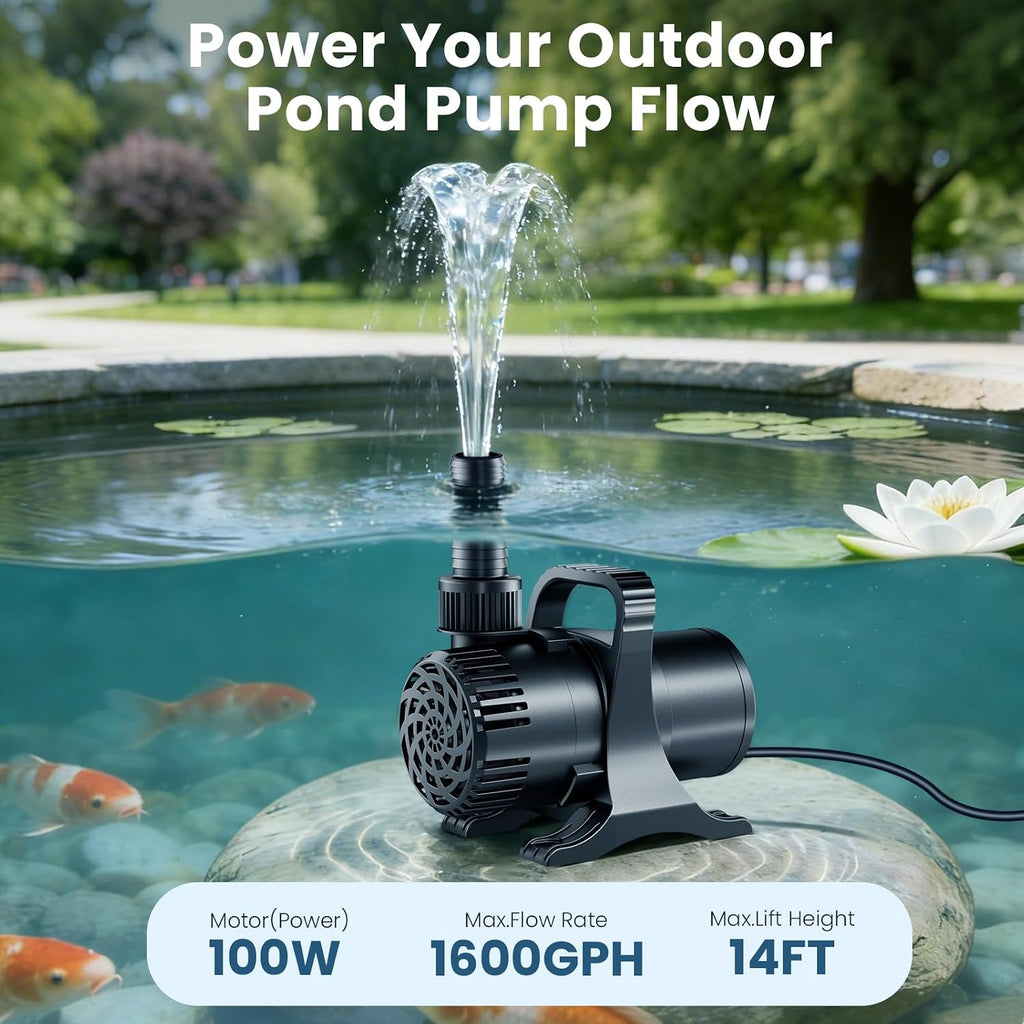 Pond Pump, 100W 1600 GPH Submersible Water Pump for Koi Ponds